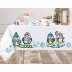 Herrschners Snowy Penguins Tablecloth Stamped Cross-Stitch