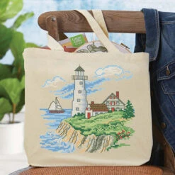 Herrschners Lighthouse Shores Canvas Tote Stamped Cross-Stitch Kit