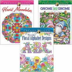 Dover Floral Alphabet, Heart Mandalas & Gnomes, Set Of 3 Coloring Book