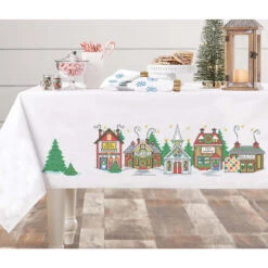 Herrschners Christmas Village Table Linens Stamped Cross-Stitch