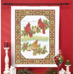 Herrschners Cozy Cardinals Lap Quilt Top Stamped Cross-Stitch Kit