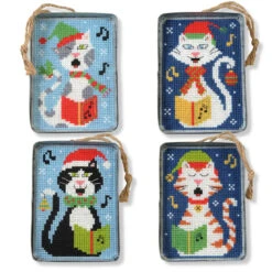 Herrschners Caroling Kitties Tin Ornaments Plastic Canvas Kit