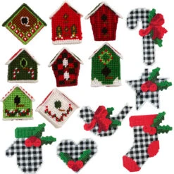Herrschners Christmas Birdhouse & Farmhouse Ornament Set Plastic Canvas